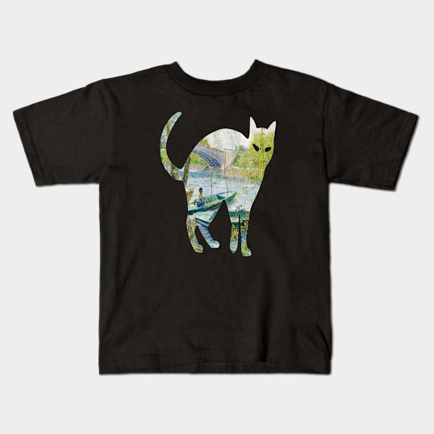 Cat Vang Gogh Fishing in Spring Kids T-Shirt by pixelatedidea